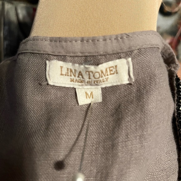 Lina Tomei Italy Beige 100% Linen Sheath Embellished V- Neck, size M - Picture 6 of 6